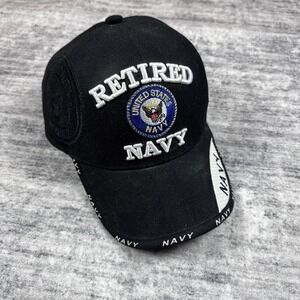 Mens Baseball Cap Hat US Retired Navy Adjustable Black White Embroidered Hat